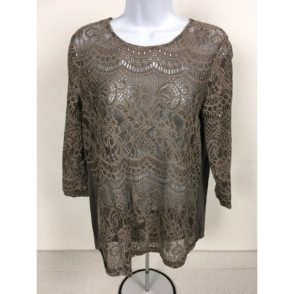 Maurices Womens Lace Overlay Top Size L 3/4 Sleeves Brown Gray Sheer Front - Picture 6 of 14